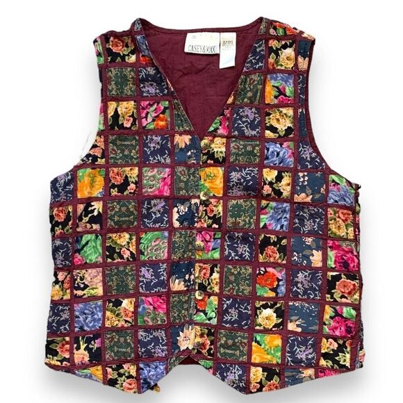 Vintage 90s Vest Multicolor Dark Floral Patchwork Checkered Tie Waistcoat Medium - Picture 10 of 10